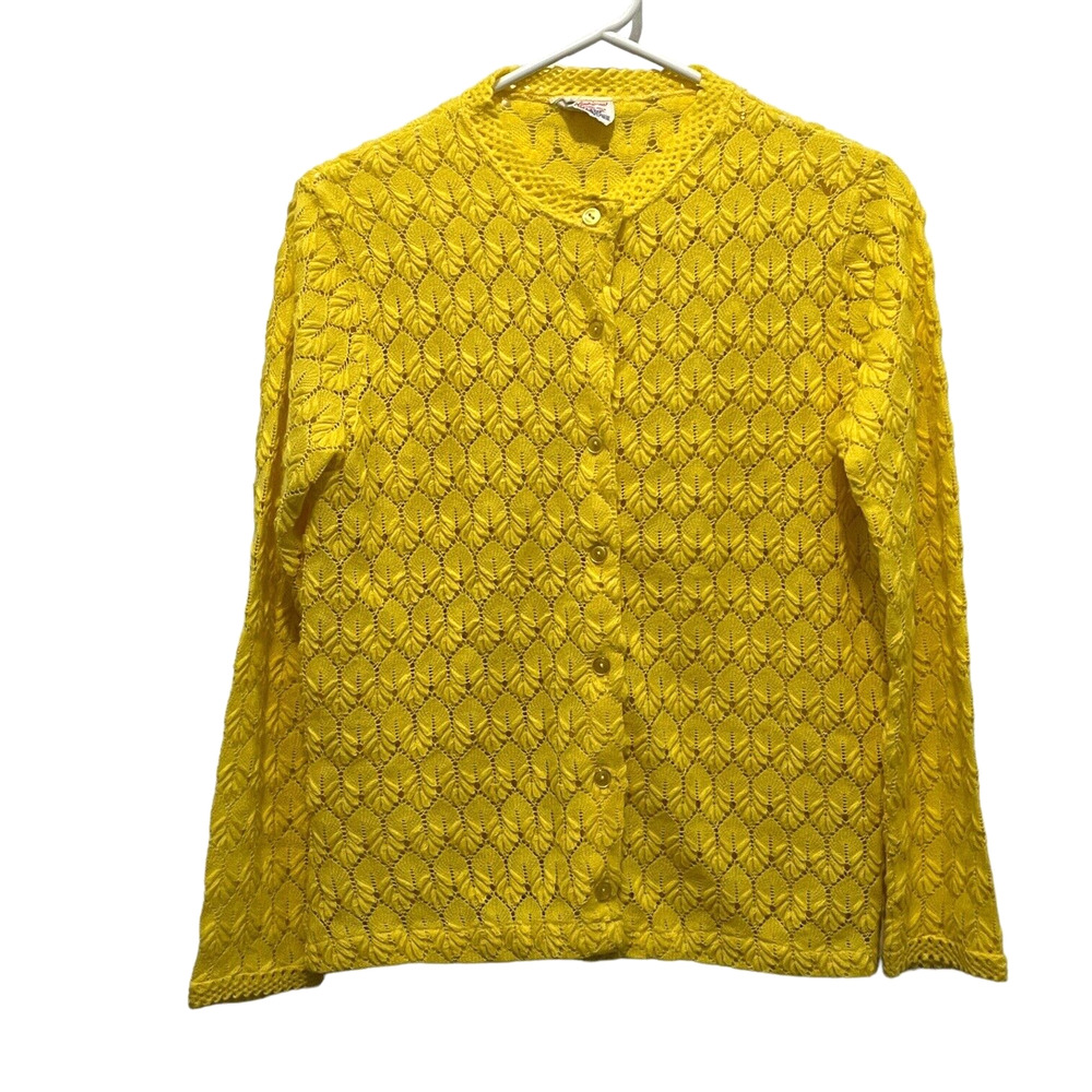 Americana Knitting Mills Cardigan Sweater Women SZ S M Retro Granny Chic Yellow